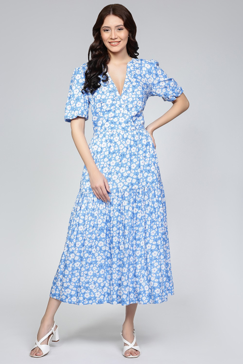Sky Blue Floral Print Cotton Midi Dress With Puff Sleeves