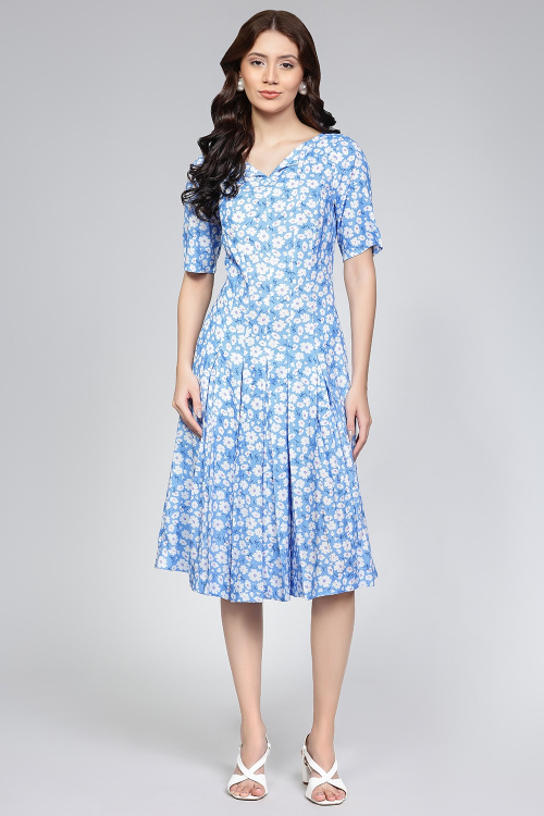 Blue Daisy Print Cotton Midi Dress for Women
