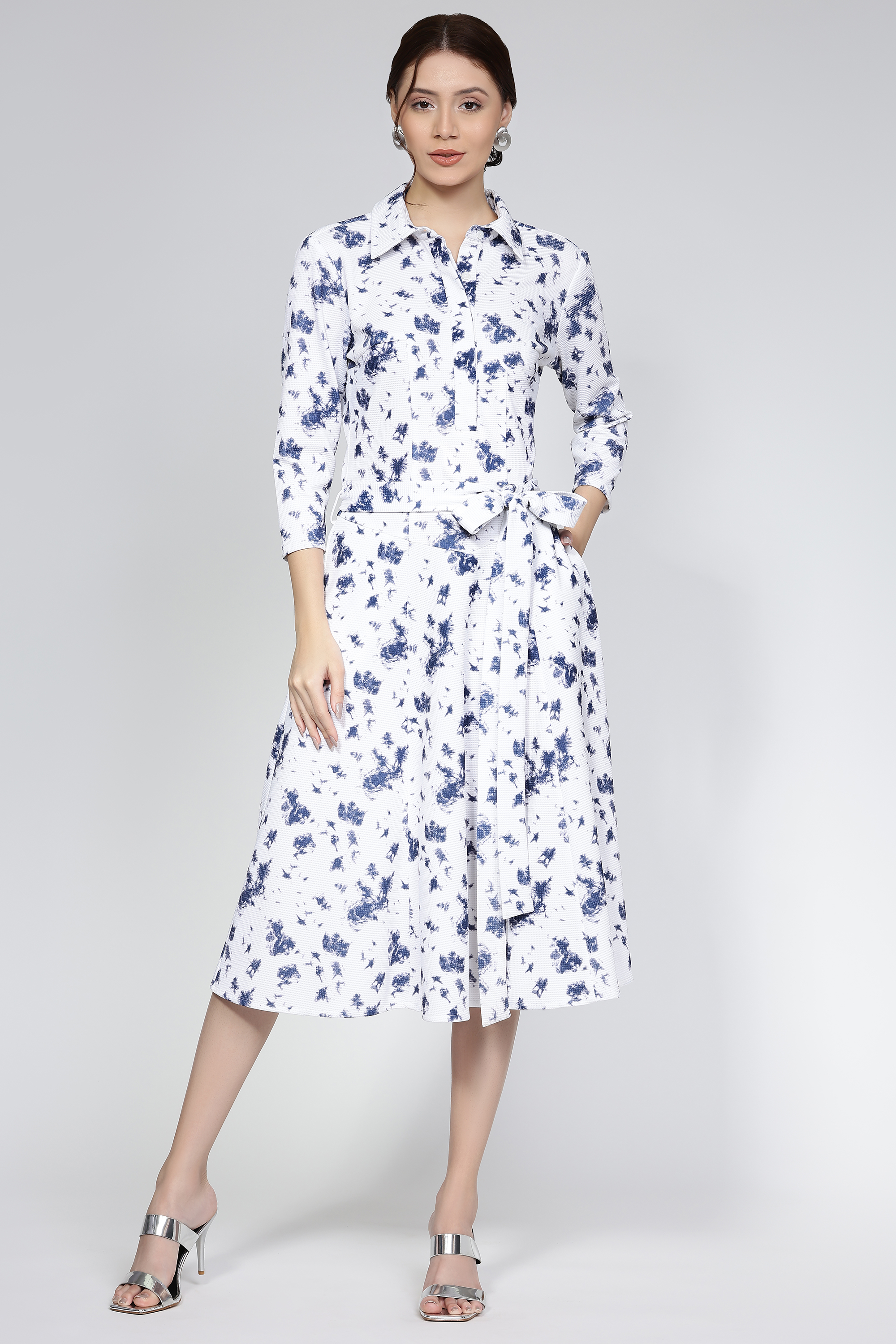 White Printed Midi Dress with Collar V-Neck & Waist Belt