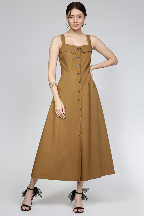 Structured Camel Brown A-Line Midi Dress With Button Front