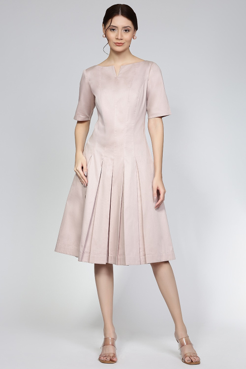 Elegant Blush Pink Pleated Cotton Dress With V-Neck