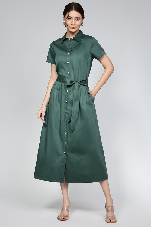 Emerald Green Button-Down Shirt Dress with Tie Waist