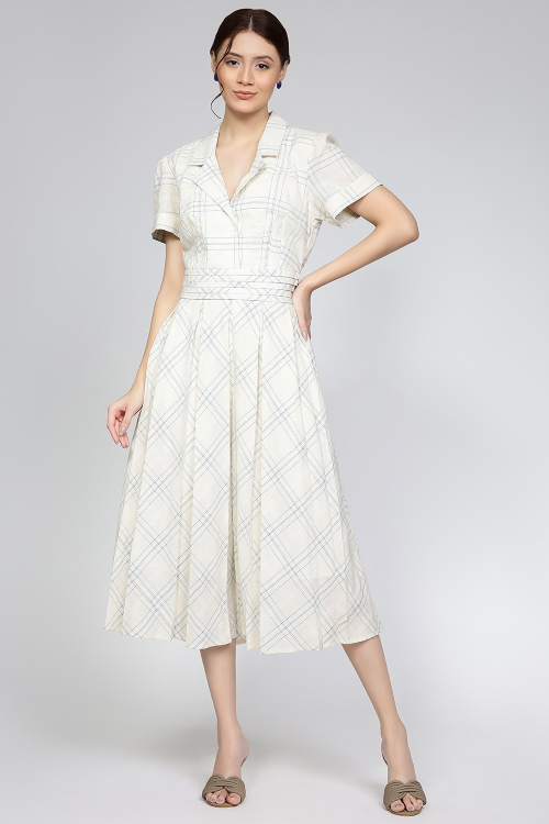 Ivory Button-Front Plaid Shirt Dress with Belted Waist