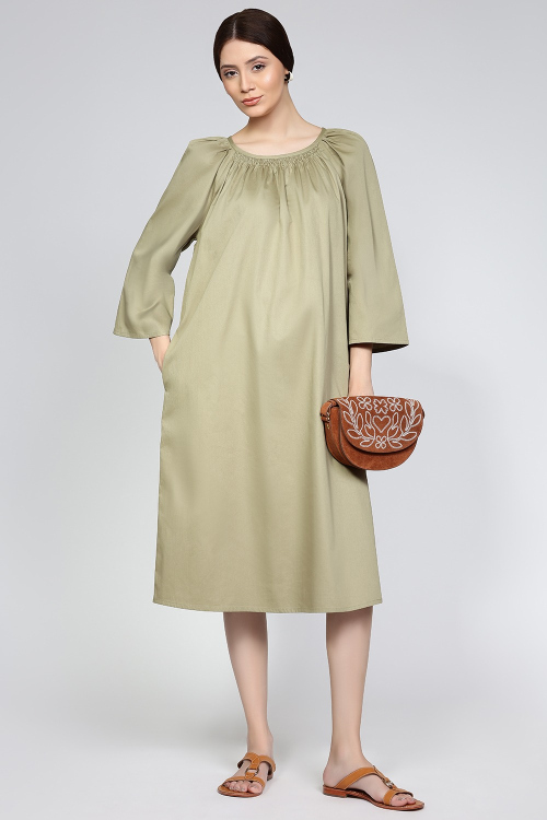 Olive Green Gathered Neck A-Line Midi Dress