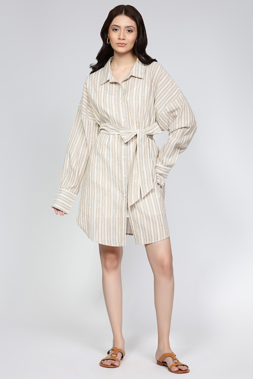 Easygoing Beige Striped Shirt Dress with Waist Tie