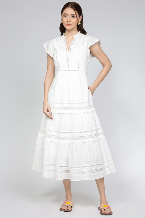 White Cotton Lace Tiered Midi Dress with Flutter Sleeves