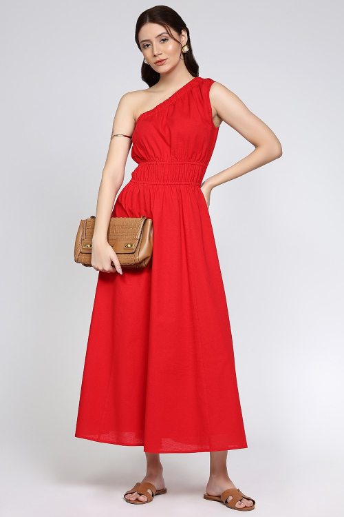 Elegant Red One-Shoulder Dress with Comfortable Elastic Waist