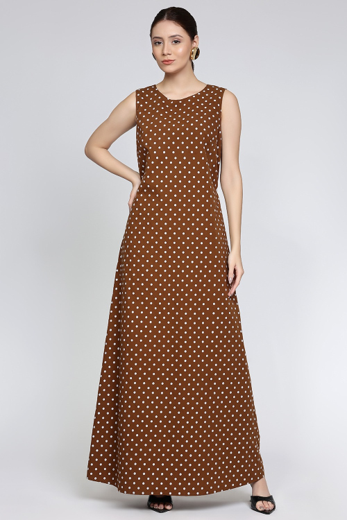 Retro Polka Dot Brown Sleeveless Long Dress