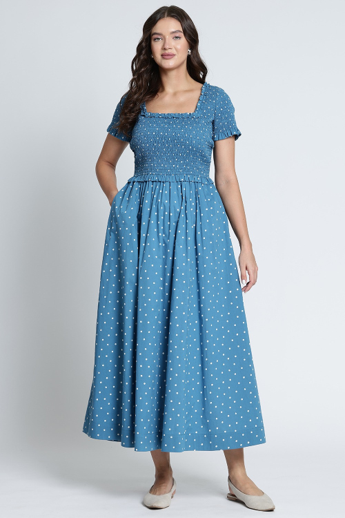 Trendy Blue Polka Dot Cotton Dress With Smocked Detailing