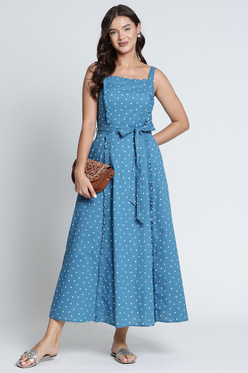 Romantic Blue Polka Dot Long Dress With Waist Tie Detail