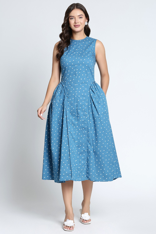 Ocean Dusk Polka Print Cotton Midi Dress