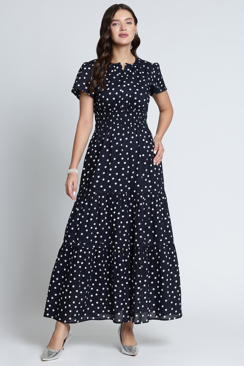 Ebon Grace Polka Print Smocked Cotton Dress