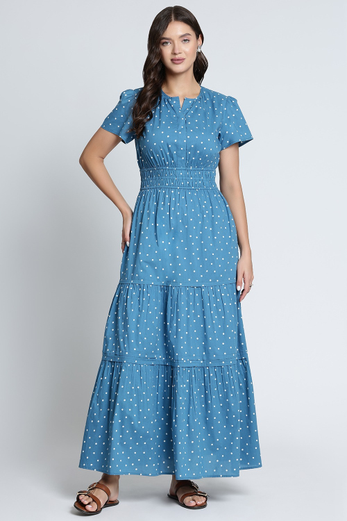 Blue Polka Dot Tiered Cotton Dress with Smocked Waist