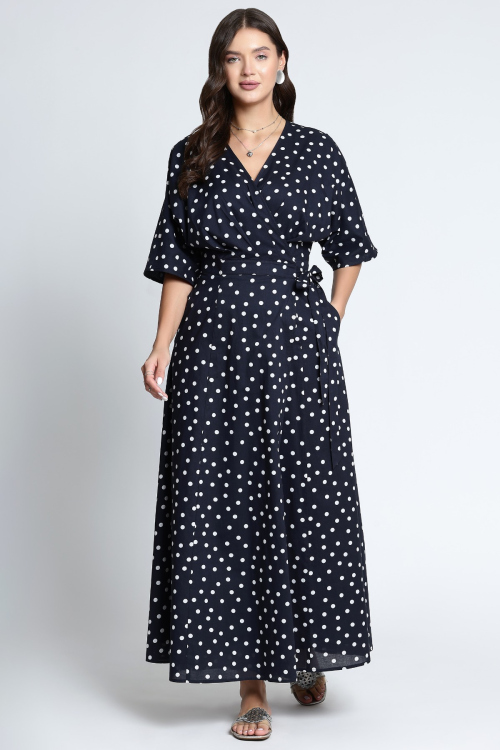 Women’s Navy Blue Polka Dot Wrap Maxi Dress with Belt