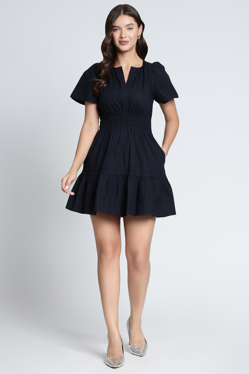 Black Cotton Short Dress With Gathered Waistline