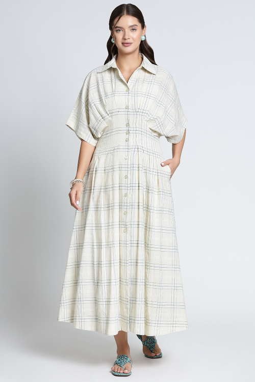 Beige Check Print Cotton Dress With Dolman Sleeves