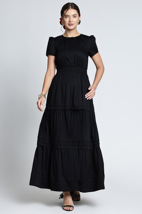 Midnight Charm Tiered Black Cotton Dress