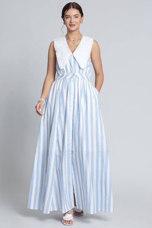 Blue And White Button-Front Striped Cotton Dress