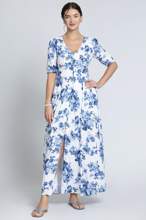 White And Blue Floral Print Cotton Dress With Front Slit