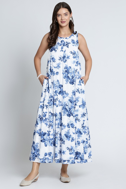 Blue Blossom Print Cotton Long Dress For Women