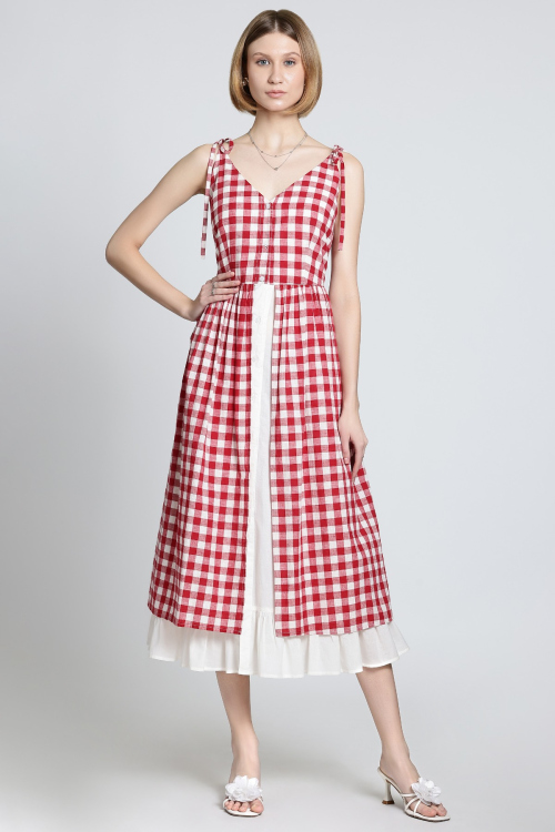 Women’s Red And White Gingham Check Sleeveless Midi Dress With Tie Straps