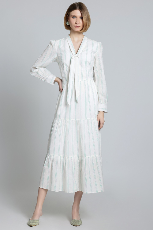 White Striped Cotton Tiered Midi Dress With Tie-Neck Detail