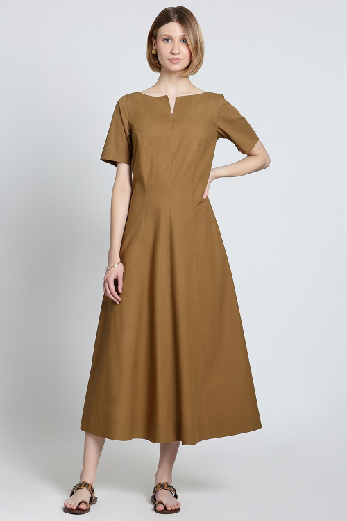 Camel Brown Notch Neck A-Line Cotton Midi Dress