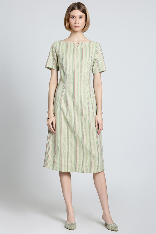 Pastel Green Striped Cotton Midi Dress With Notch Neck