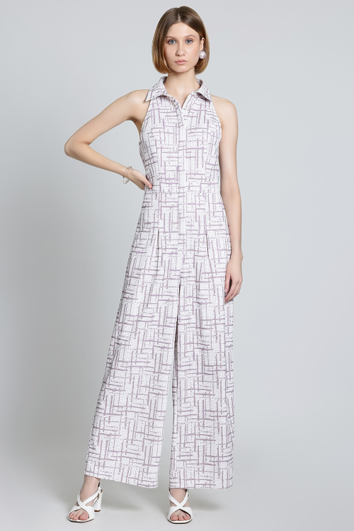 White Abstract Print Cotton Collared Sleeveless Jumpsuit