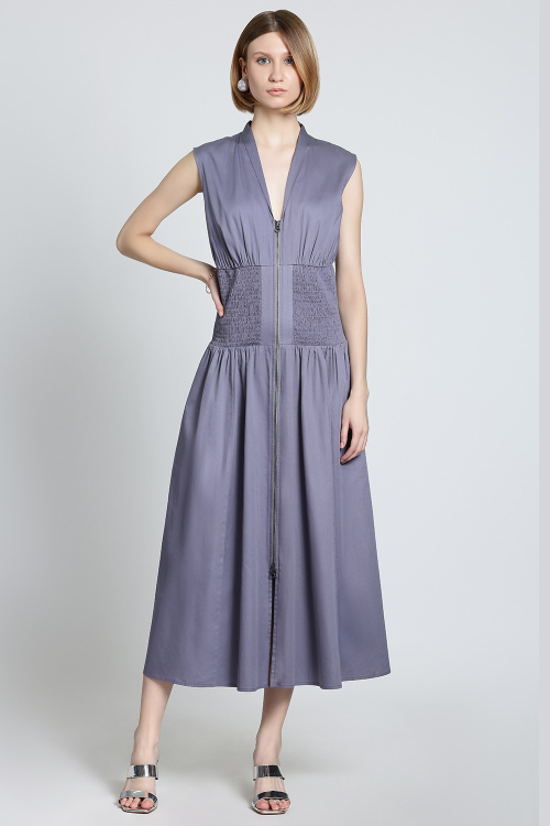 Sleeveless Midi Dress With Front Zipper And Smocked Waist