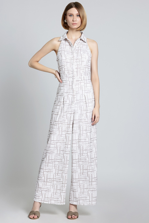 Geometric Print Sleeveless Cotton Jumpsuit With Shirt Collar