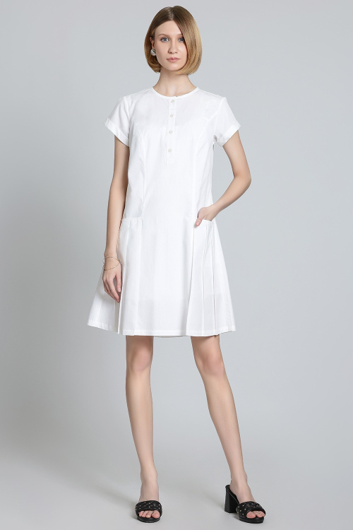 White Cotton Short Dress With Button-Down Placket And Pleated Hem