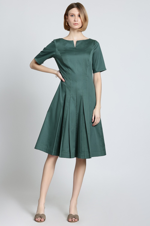 Emerald Green Pleated Fit And Flare Cotton Midi Dress