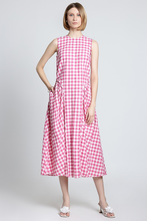 Pink And White Gingham Sleeveless Cotton Midi Dress