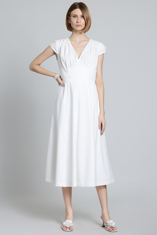 White V-Neck Empire Waist Midi Dress In Soft Cotton