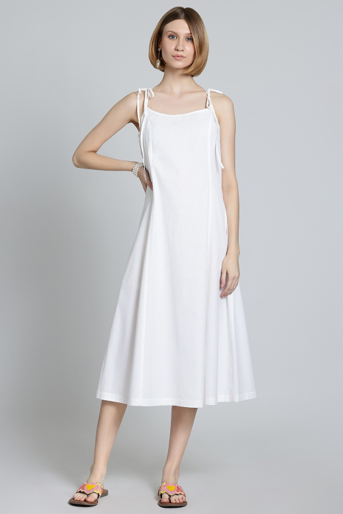 White Cotton A-Line Midi Dress With Tie-Up Shoulder Straps