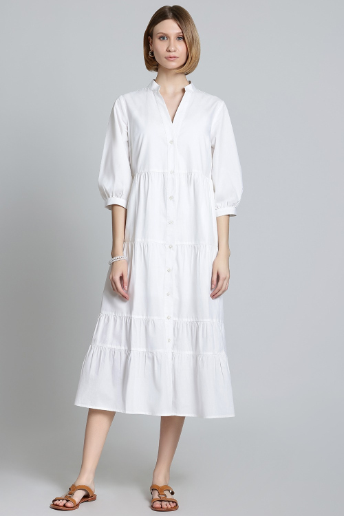 White Tiered Button Down Midi Dress