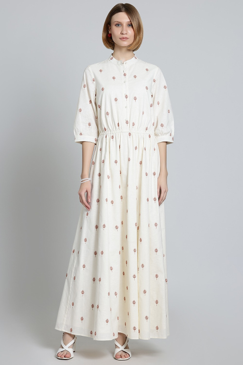 Floral Embroidered White Midi Dress Elegant Cotton Relaxed Fit