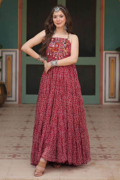 Georgette Bandhej Printed Chilly Red A Line Gown For Festival 