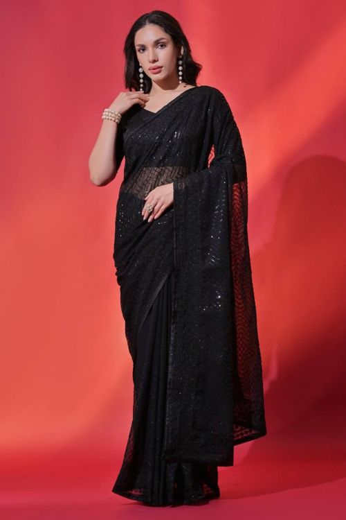 Georgette Black Party Wear Embroidered Saree 