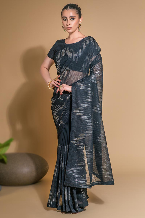 Georgette Bluish Grey Sequins Embroidered Saree 