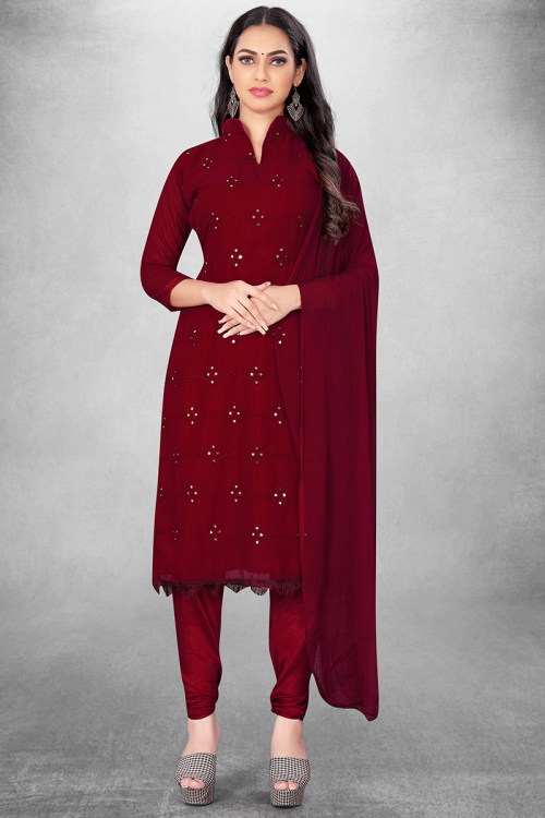 Burgundy Maroon Georgette Embroidered Churidar Salwar Suit