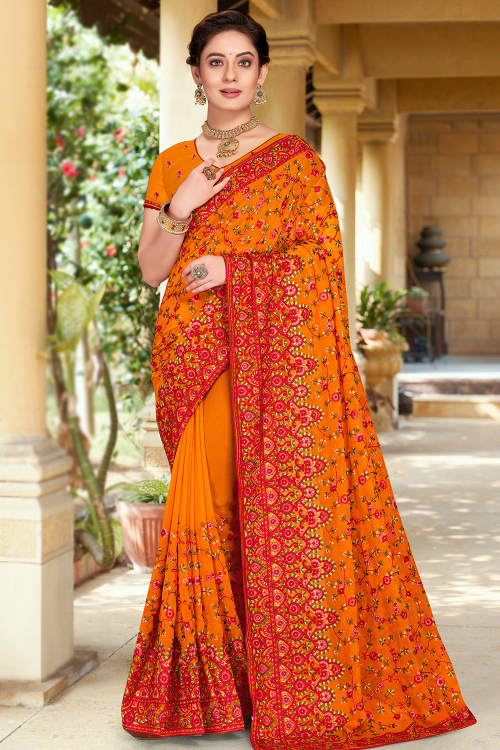 Georgette Carrot Orange Light Weight Embroidered Saree 