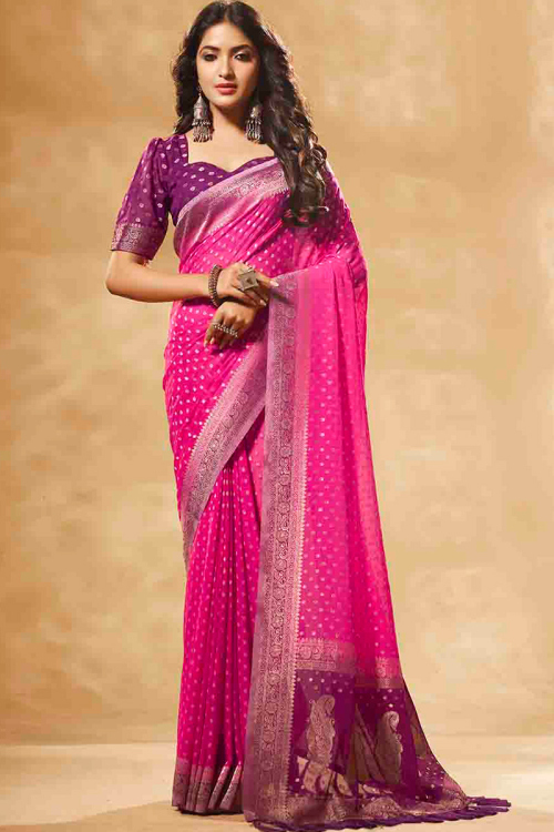 Georgette Cerise Pink Woven Zari Sangeet Saree 