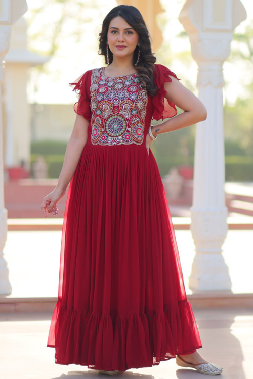 Georgette Cherry Red Embroidered Gown For Festival