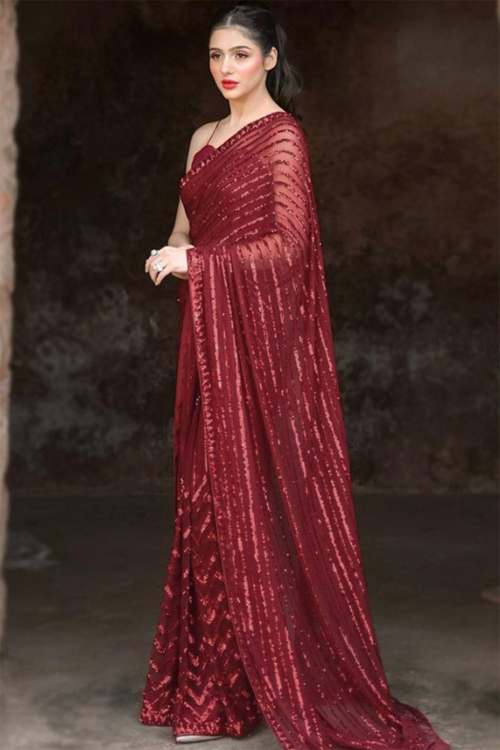 Georgette Cherry Red Sequins Embroidered Party Wear Sari