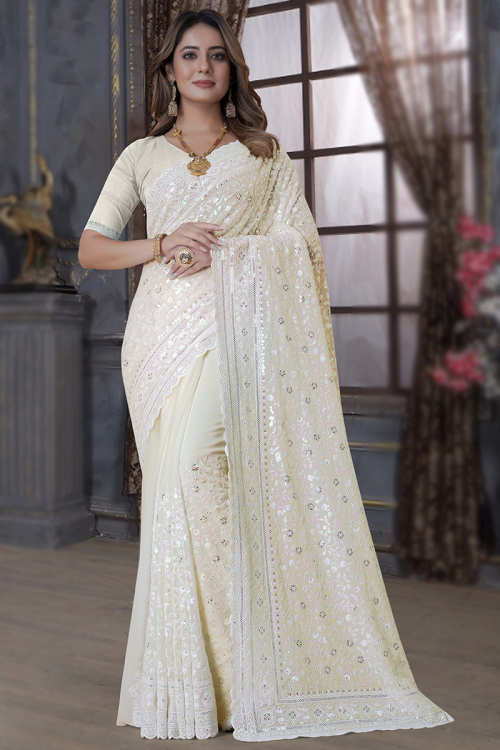Georgette Cream Fancy Sequins Embroidered Saree 