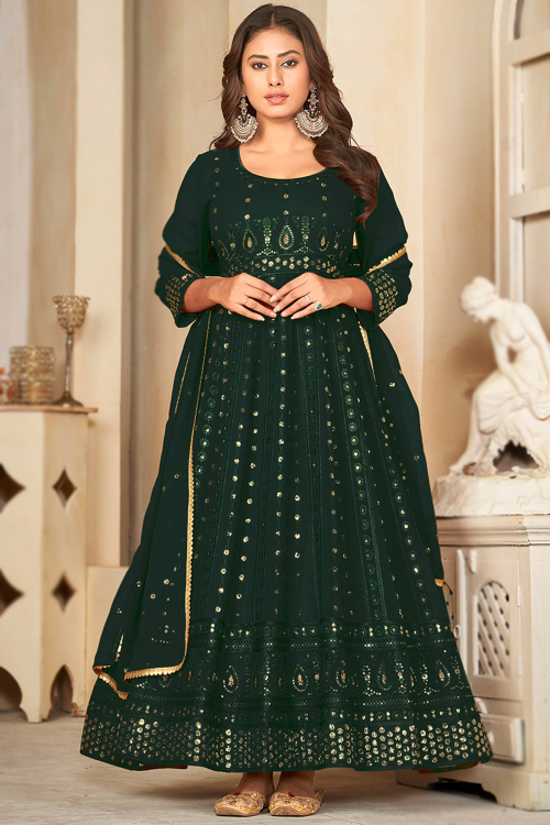 Dark Green Georgette Embroidered Work Anarkali Suit