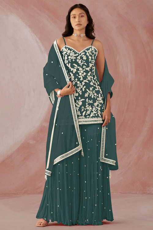Georgette Embroidered Teal Green Straight Cut Sharara Suit