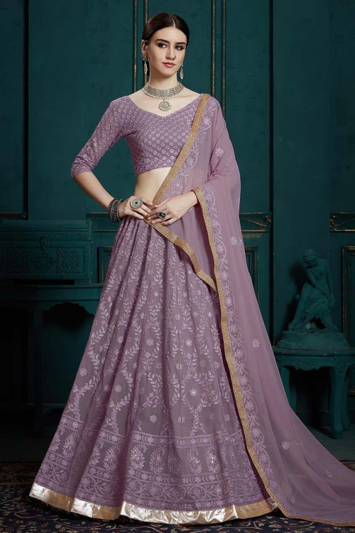 Georgette Embroidered Lehenga Choli In Light Purple Colour